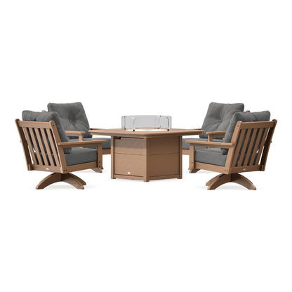 POLYWOOD Vineyard 5-Piece Deep Seating Swivel Conversation Set with Fire Pit Table in Teak
