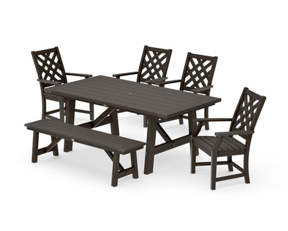 POLYWOOD Wovendale 6-Piece Rustic Farmhouse Dining Set with Bench in Vintage Coffee