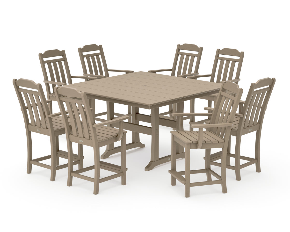 POLYWOOD Country Living Cottage 9-Piece Square Farmhouse Counter Set with Trestle Legs in Vintage Sahara