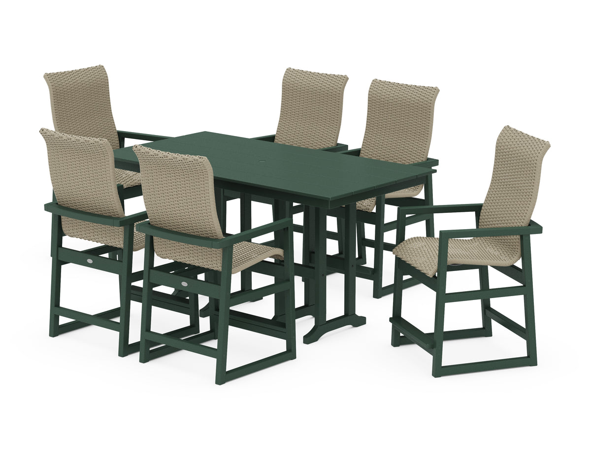 POLYWOOD EDGE Woven Highback Arm Chair 7-Piece Farmhouse Counter Set in Green / Dune Grass