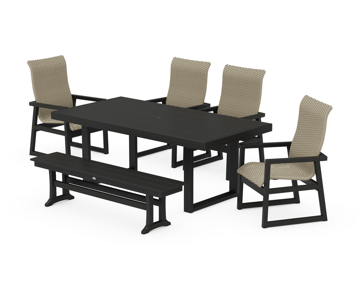 POLYWOOD EDGE Woven High-Back 6-Piece Dining Set with Bench in Black / Dune Grass