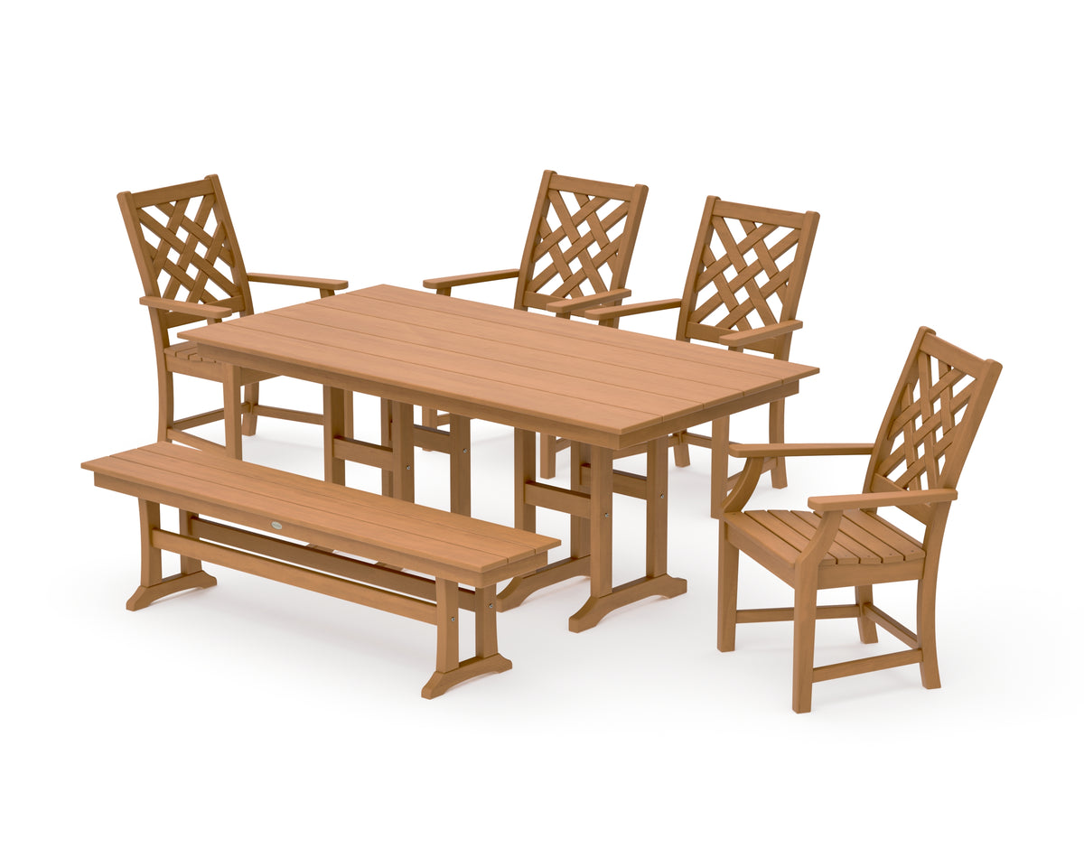POLYWOOD Country Living Wovendale 6-Piece Farmhouse Dining Set with Bench with Farmhouse 37" x 72" Dining Table in Natural
