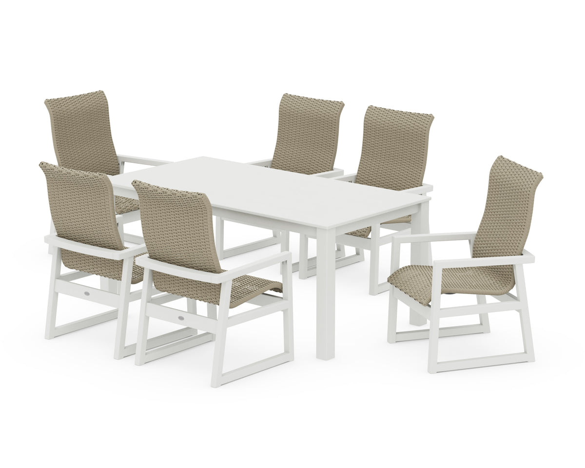POLYWOOD EDGE Woven High-Back Arm Chair 7-Piece Parsons Dining Set in Vintage White / Dune Grass