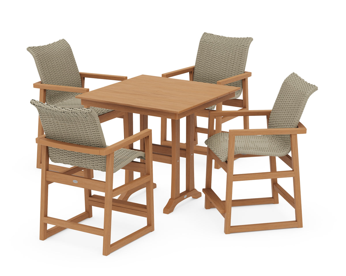 POLYWOOD EDGE Woven 5-Piece Farmhouse Counter Set with Trestle Legs in Natural / Dune Grass