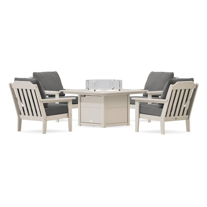 POLYWOOD Country Living Cottage 5-Piece Deep Seating Set with Fire Pit Table in Sand