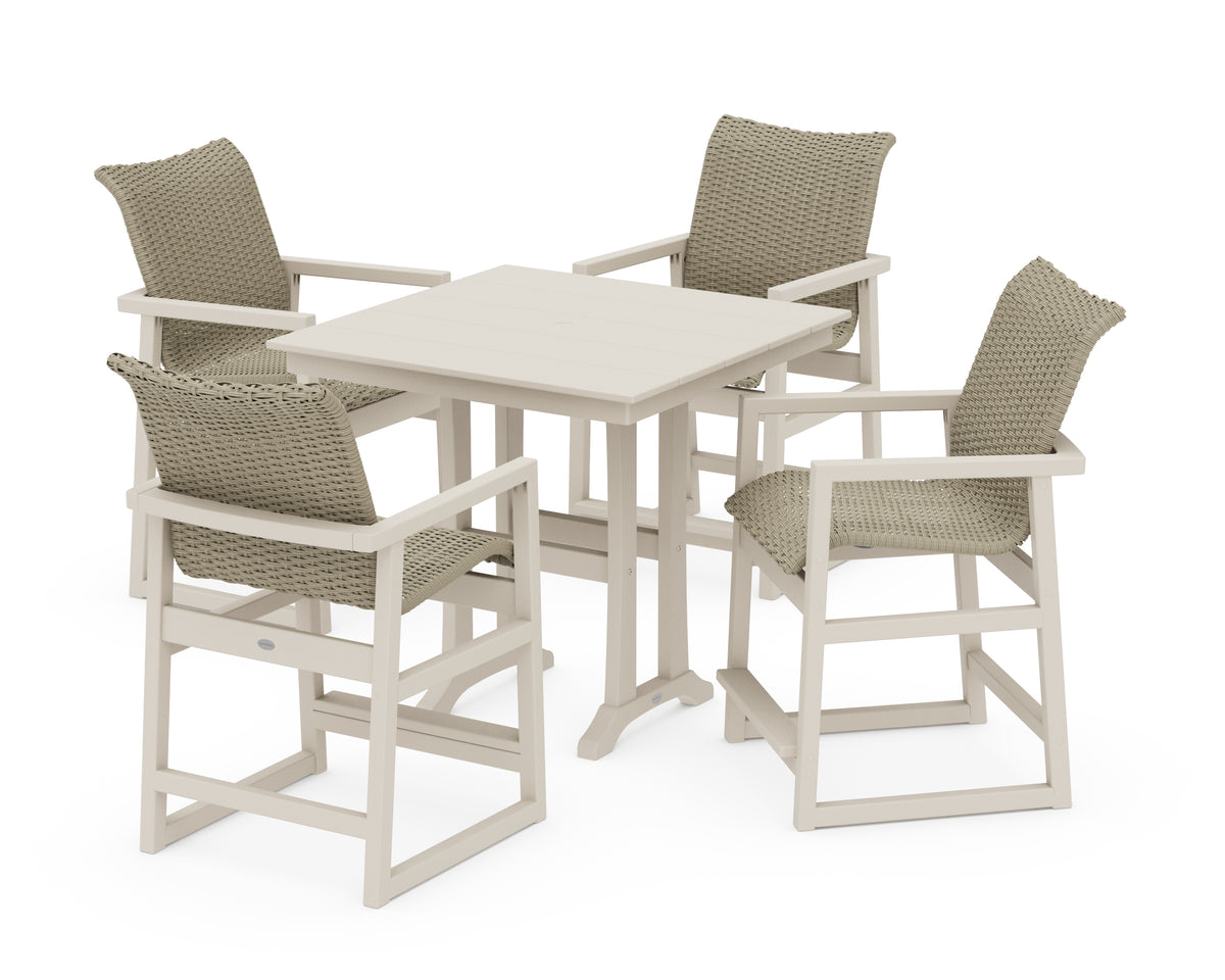 POLYWOOD EDGE Woven 5-Piece Farmhouse Counter Set with Trestle Legs in Sand / Dune Grass