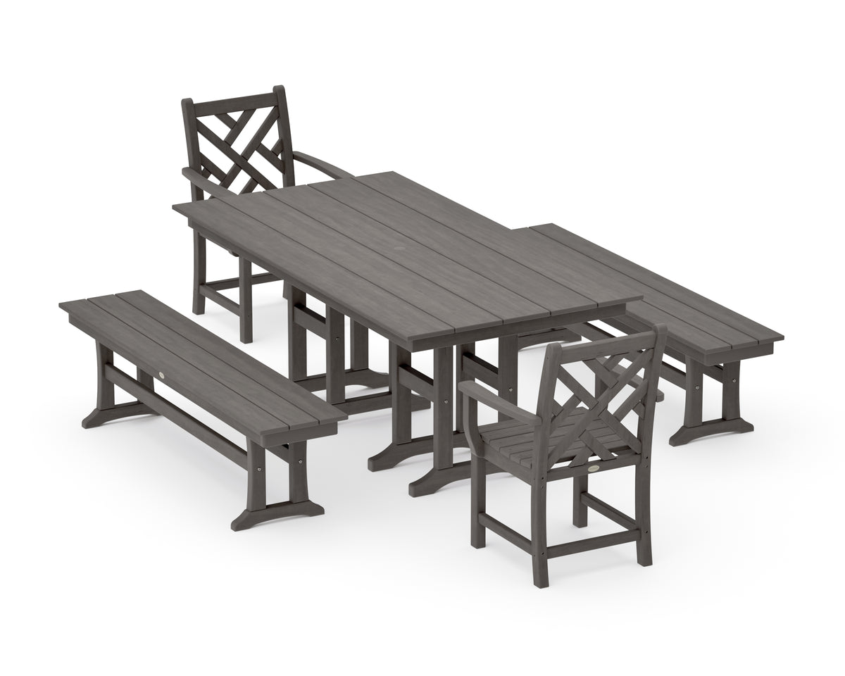 POLYWOOD Chippendale 5-Piece Farmhouse Dining Set with Benches in Driftwood