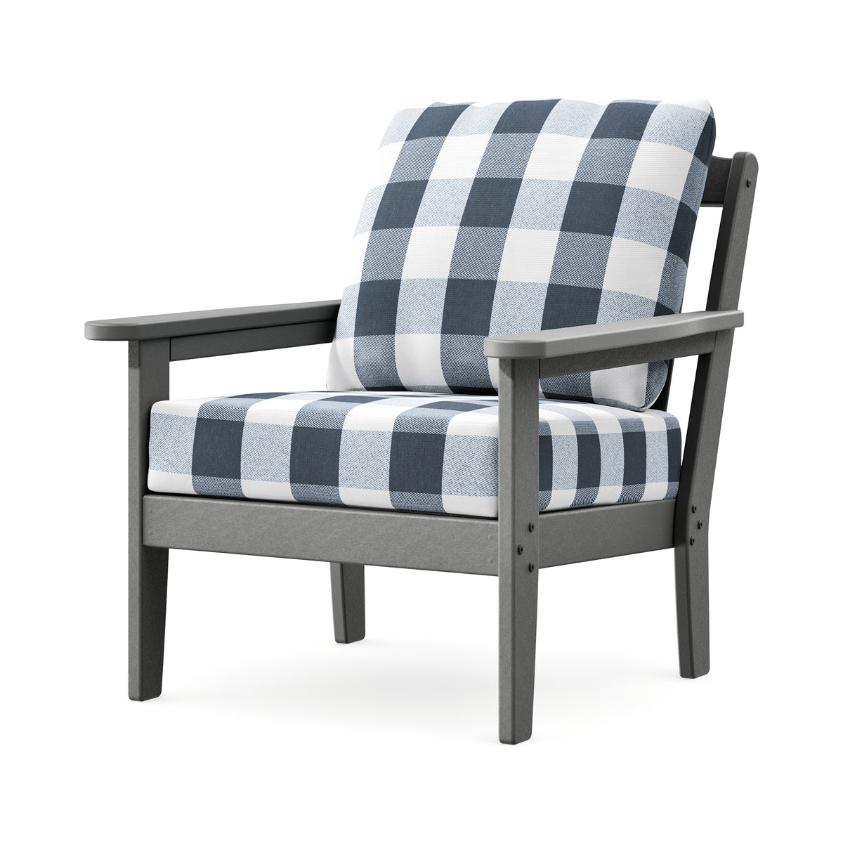 POLYWOOD Cottage Deep Seating Chair in Slate Grey / Buffalo Plaid Marine Indigo
