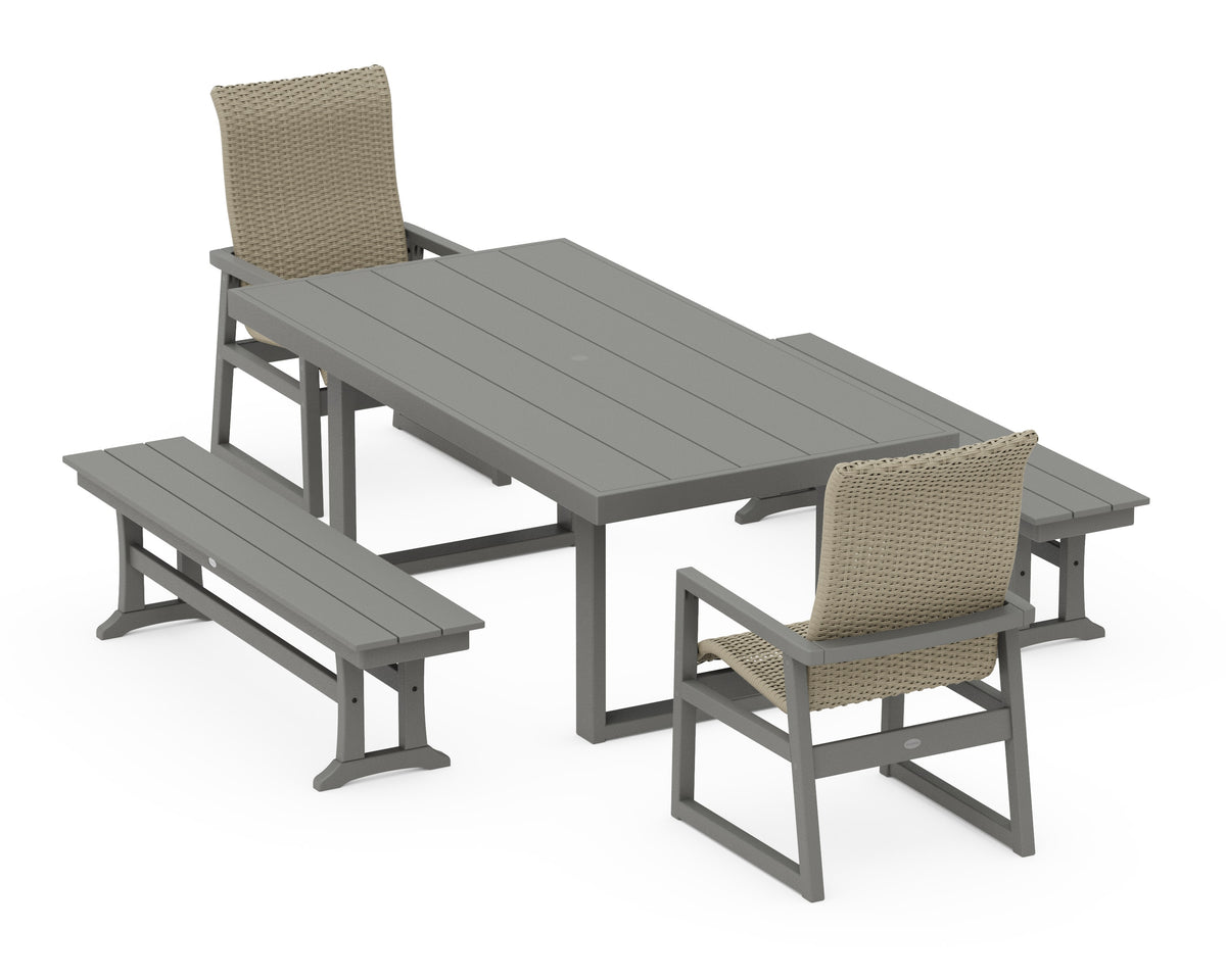 POLYWOOD EDGE Woven High-Back 5-Piece Dining Set with Benches in Slate Grey / Dune Grass