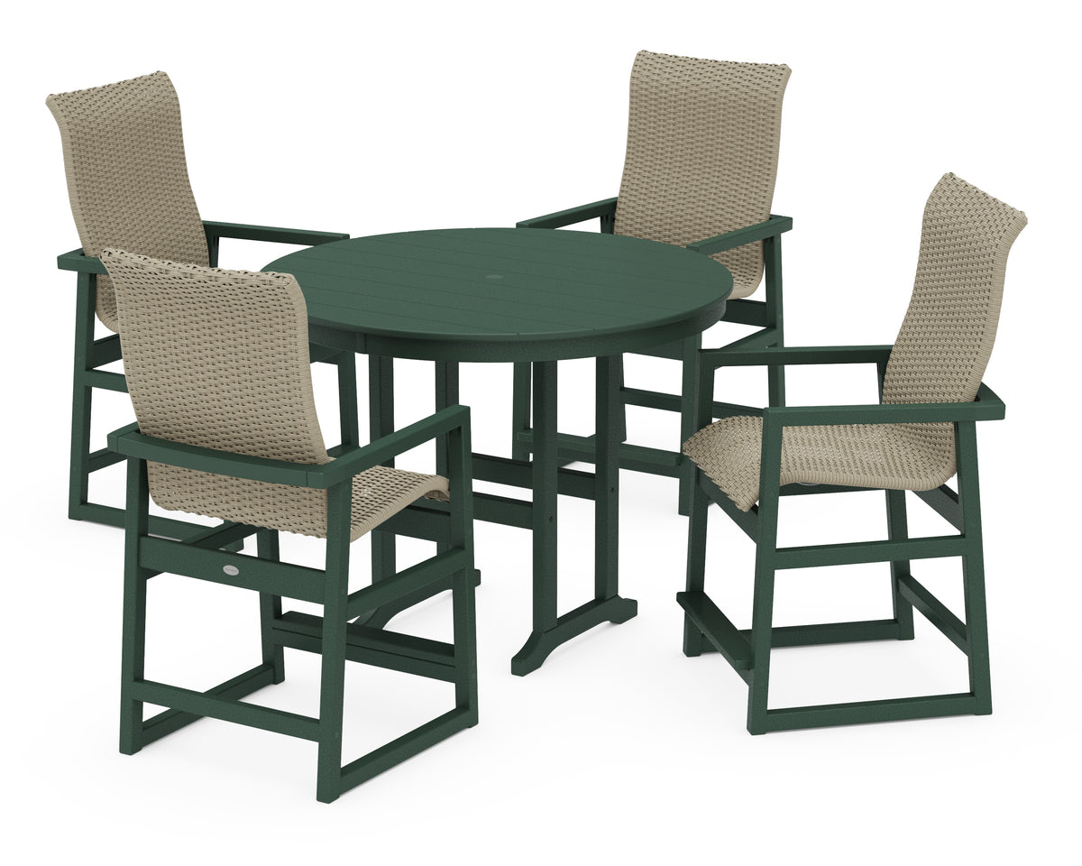 POLYWOOD EDGE Woven Highback 5-Piece Round Farmhouse Counter Set in Green / Dune Grass