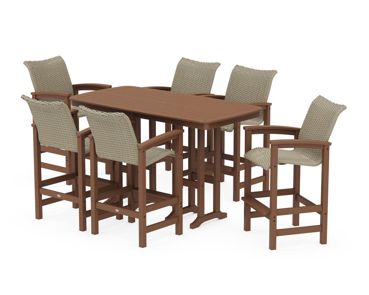 POLYWOOD Coastal Woven Arm Chair 7-Piece Bar Set in Teak / Dune Grass