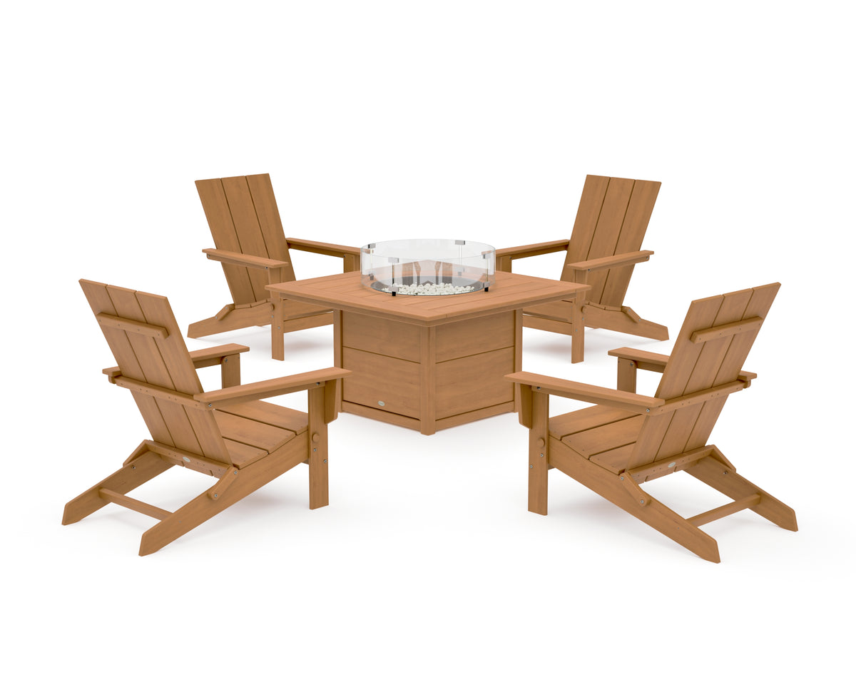 POLYWOOD 5-Piece Modern Studio Folding Adirondack Conversation Set with Fire Pit Table in Natural