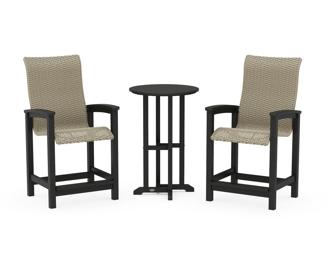 POLYWOOD Coastal Woven High-Back 3-Piece Farmhouse Counter Set in Black / Dune Grass