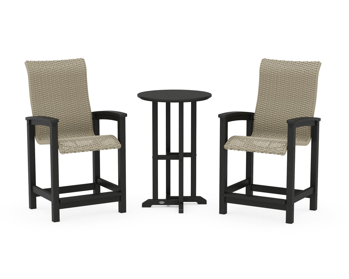 POLYWOOD Coastal Woven High-Back 3-Piece Farmhouse Counter Set in Black / Dune Grass
