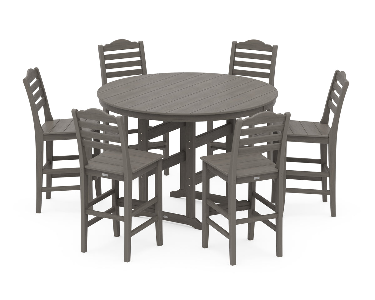 POLYWOOD Savannah 7-Piece Farmhouse Side Chair Round Bar Set in Driftwood