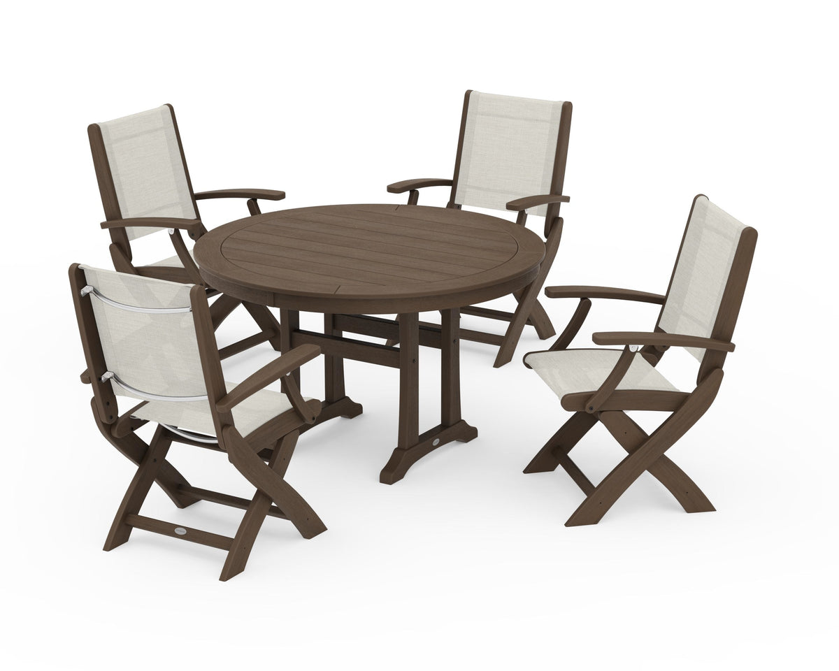 POLYWOOD Coastal Folding Chair 5-Piece Round Dining Set with Trestle Legs in Kona / Parchment