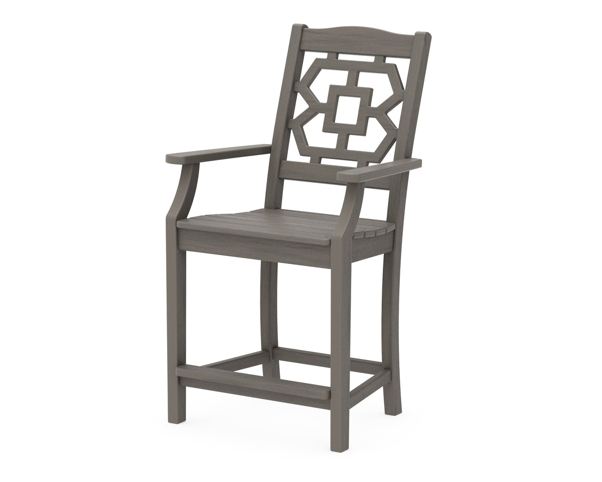 POLYWOOD Chinoiserie Counter Arm Chair in Driftwood