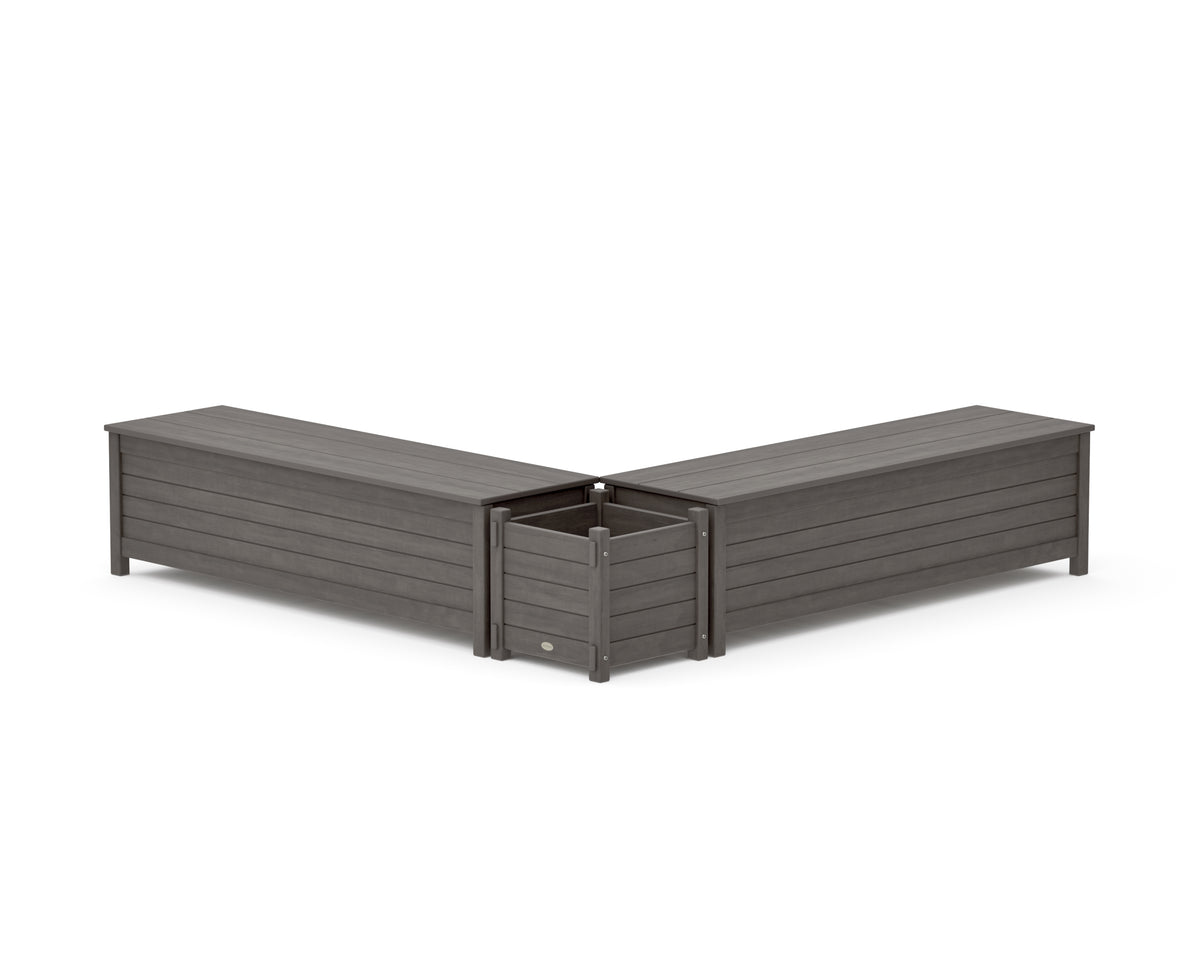 POLYWOOD 60" Nautical L-Shaped Planter Storage Bench Set in Driftwood