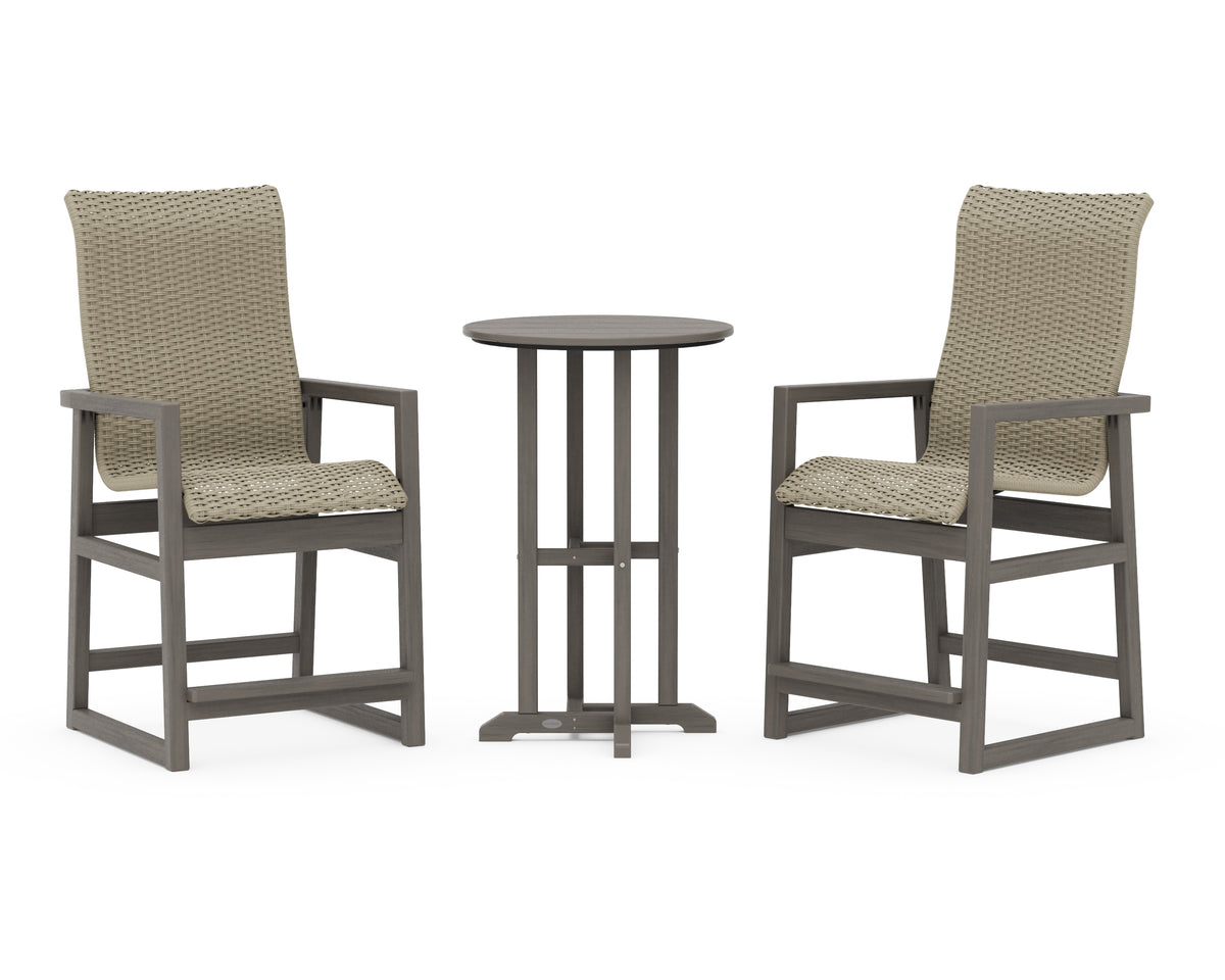 POLYWOOD EDGE Woven Highback 3-Piece Farmhouse Counter Set in Driftwood / Dune Grass