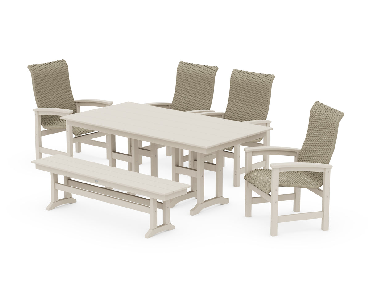 POLYWOOD Coastal Woven High-Back 6-Piece Farmhouse Dining Set with Bench with Farmhouse 37" x 72" Dining Table in Sand / Dune Grass