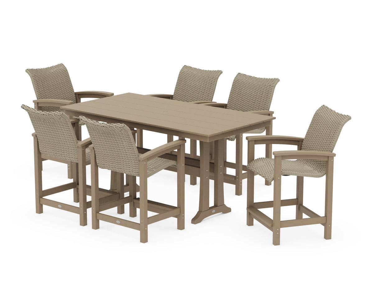 POLYWOOD Coastal Woven Arm Chair 7-Piece Farmhouse Counter Set with Trestle Legs in Vintage Sahara / Dune Grass