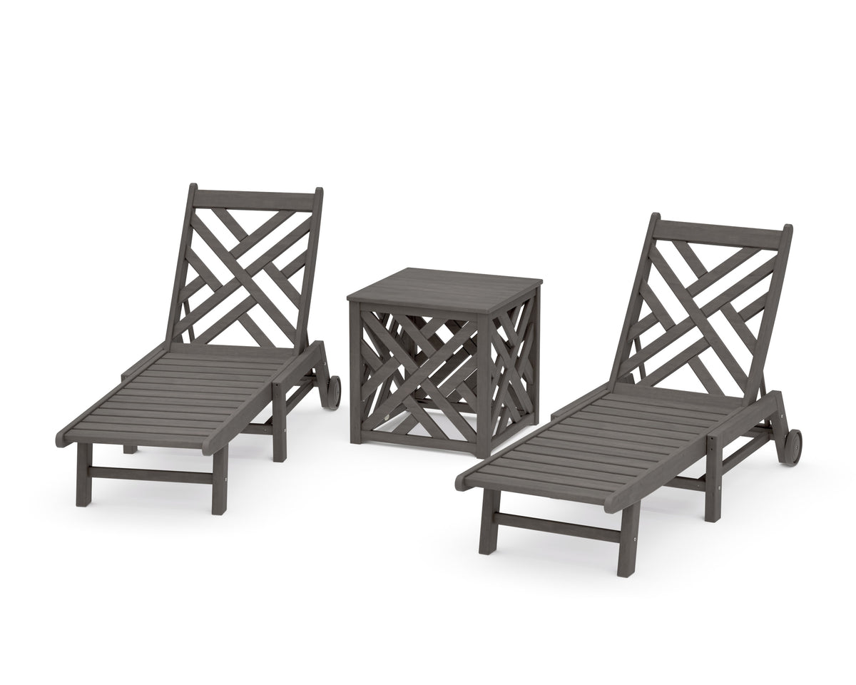 POLYWOOD Chippendale 3-Piece Chaise Set with Wheels and Umbrella Stand Accent Table in Driftwood