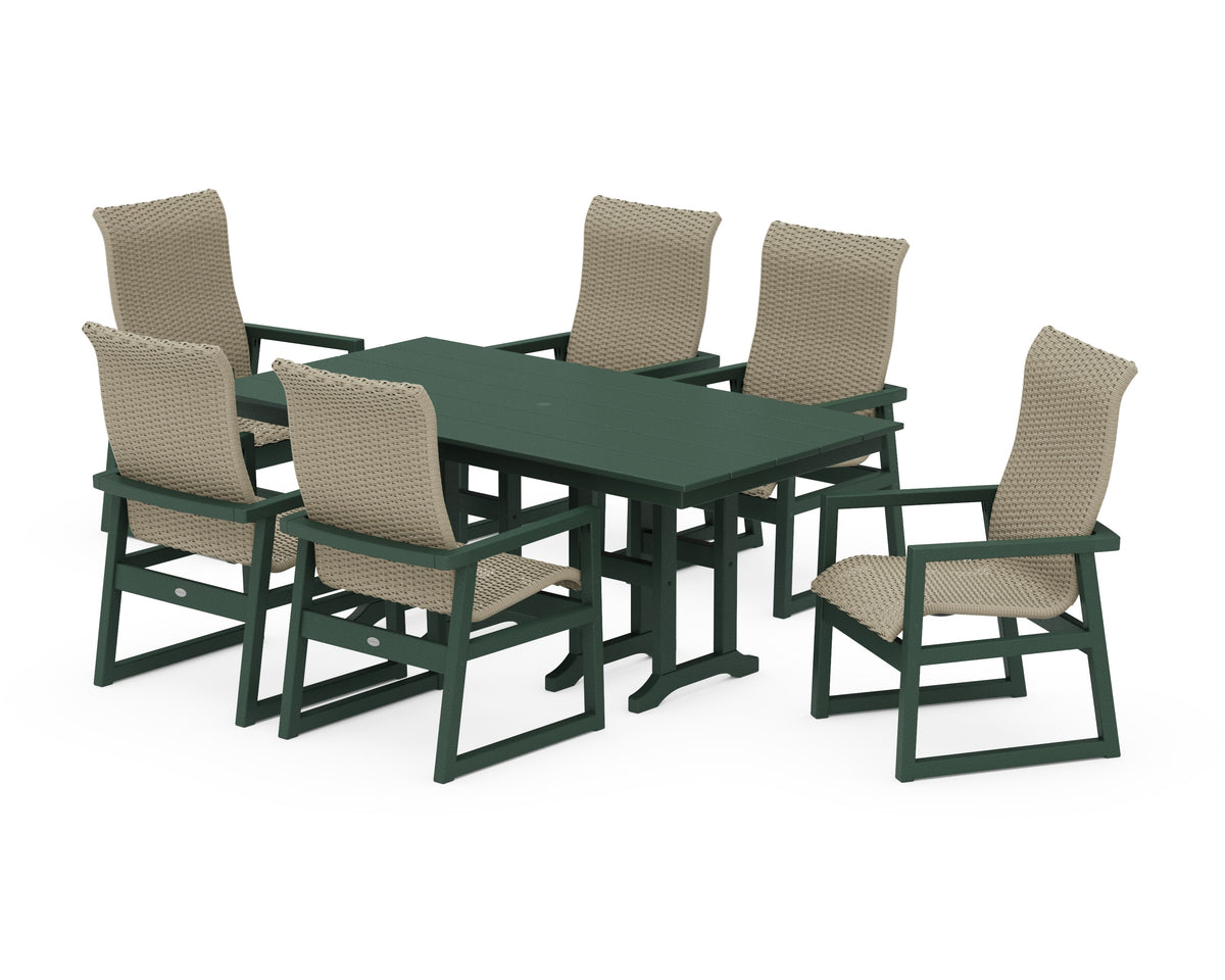 POLYWOOD EDGE Woven High-Back Arm Chair 7-Piece Farmhouse Dining Set in Green / Dune Grass