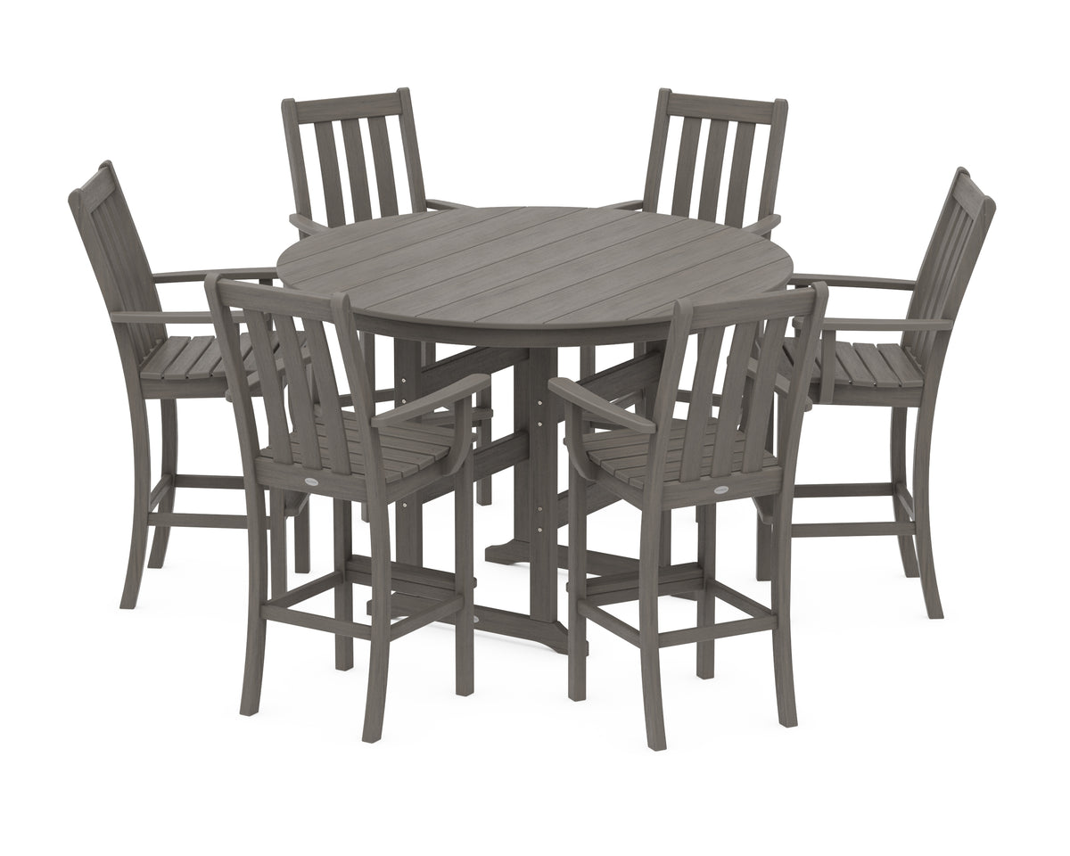 POLYWOOD Vineyard 7-Piece Arm Chair Round Farmhouse Bar Set in Driftwood