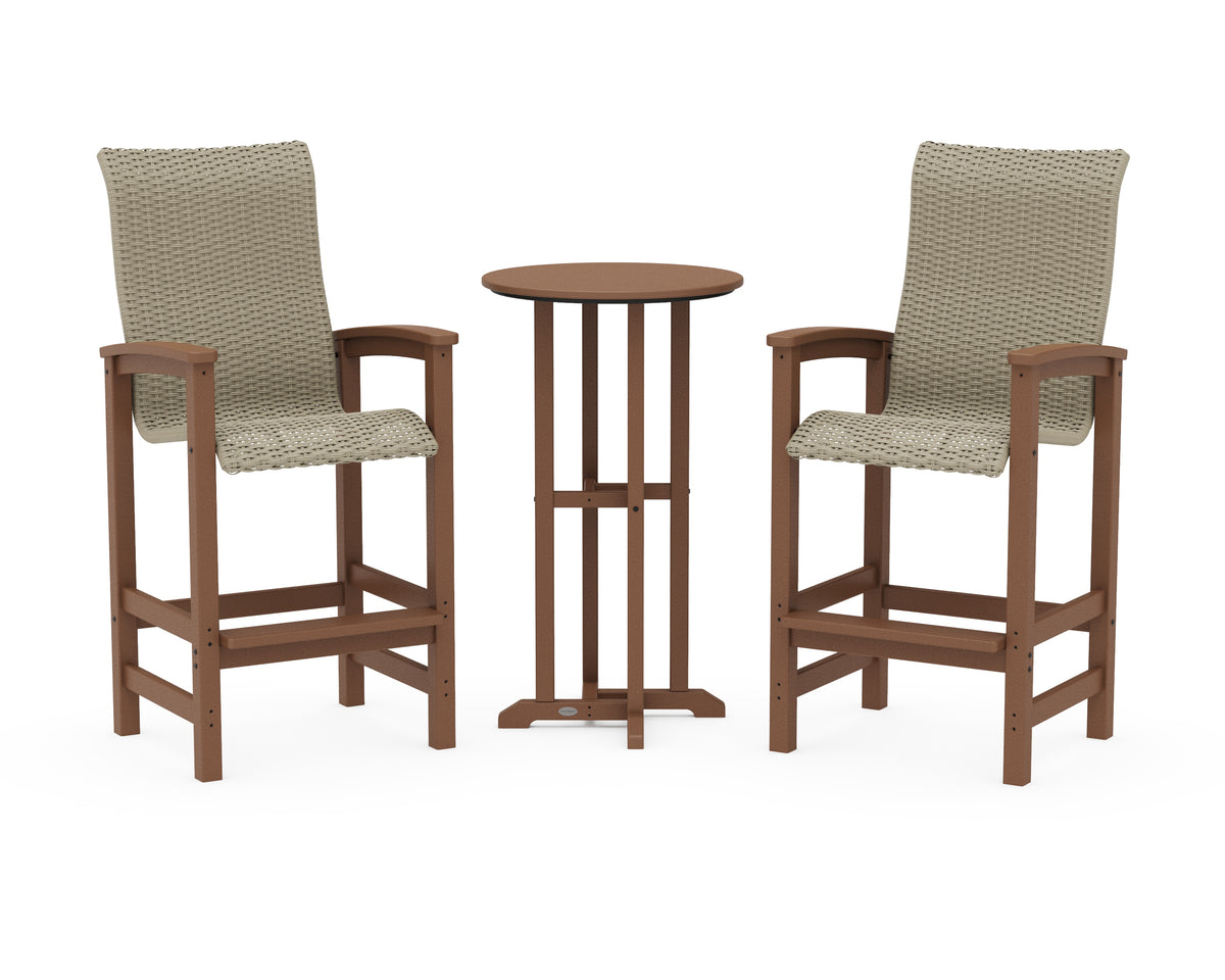 POLYWOOD Coastal Woven High-Back 3-Piece Farmhouse Bar Set in Teak / Dune Grass