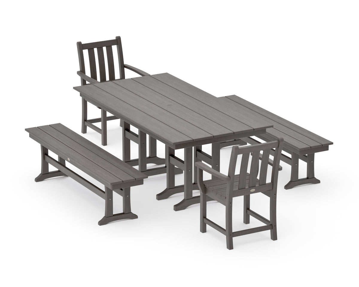POLYWOOD Traditional Garden 5-Piece Farmhouse Dining Set with Benches in Driftwood