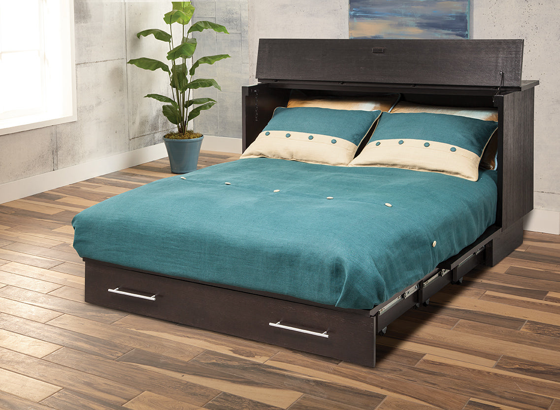Madrid Murphy Bed in Coffee espresso open as a queen bed