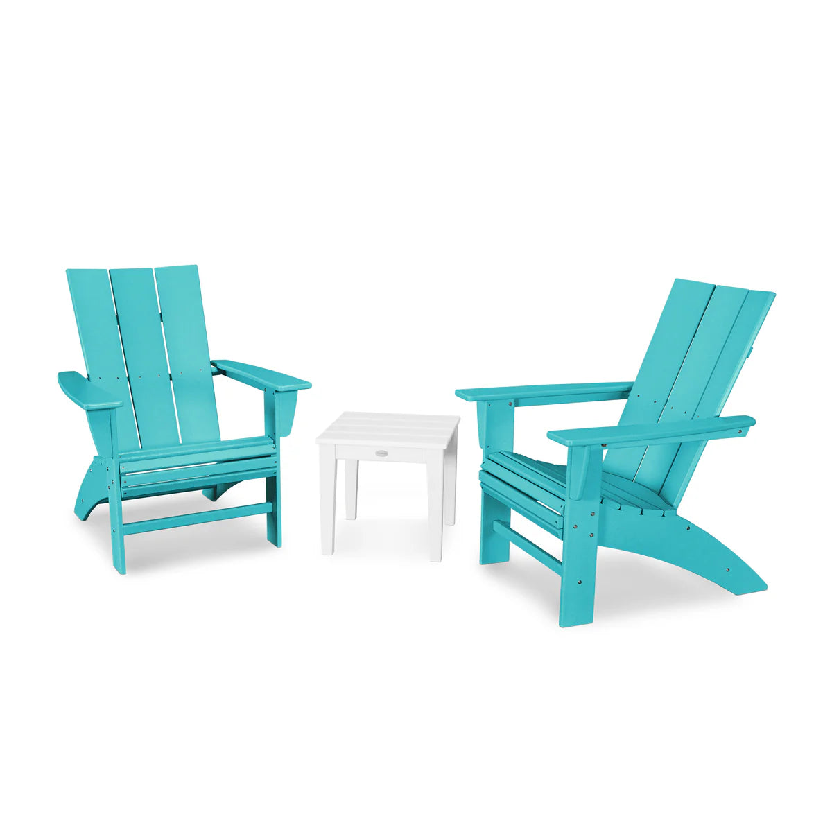 Two turquoise Adirondack chairs with a white table on a white background