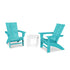Two turquoise Adirondack chairs with a white table on a white background