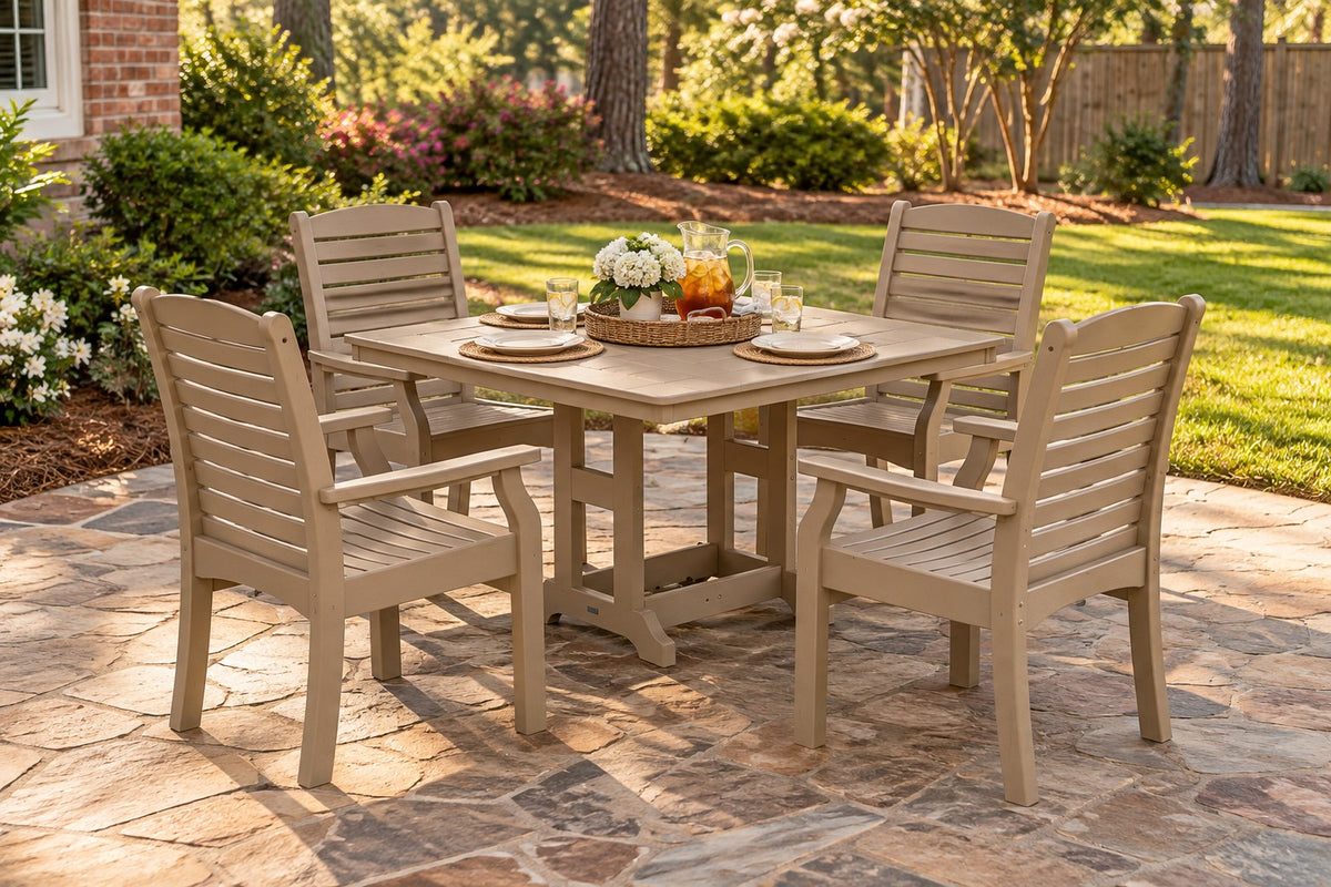 Berlin Gardens Classic Terrace 44" Square Dining Set with 4 Dining Chairs on a backyard patio