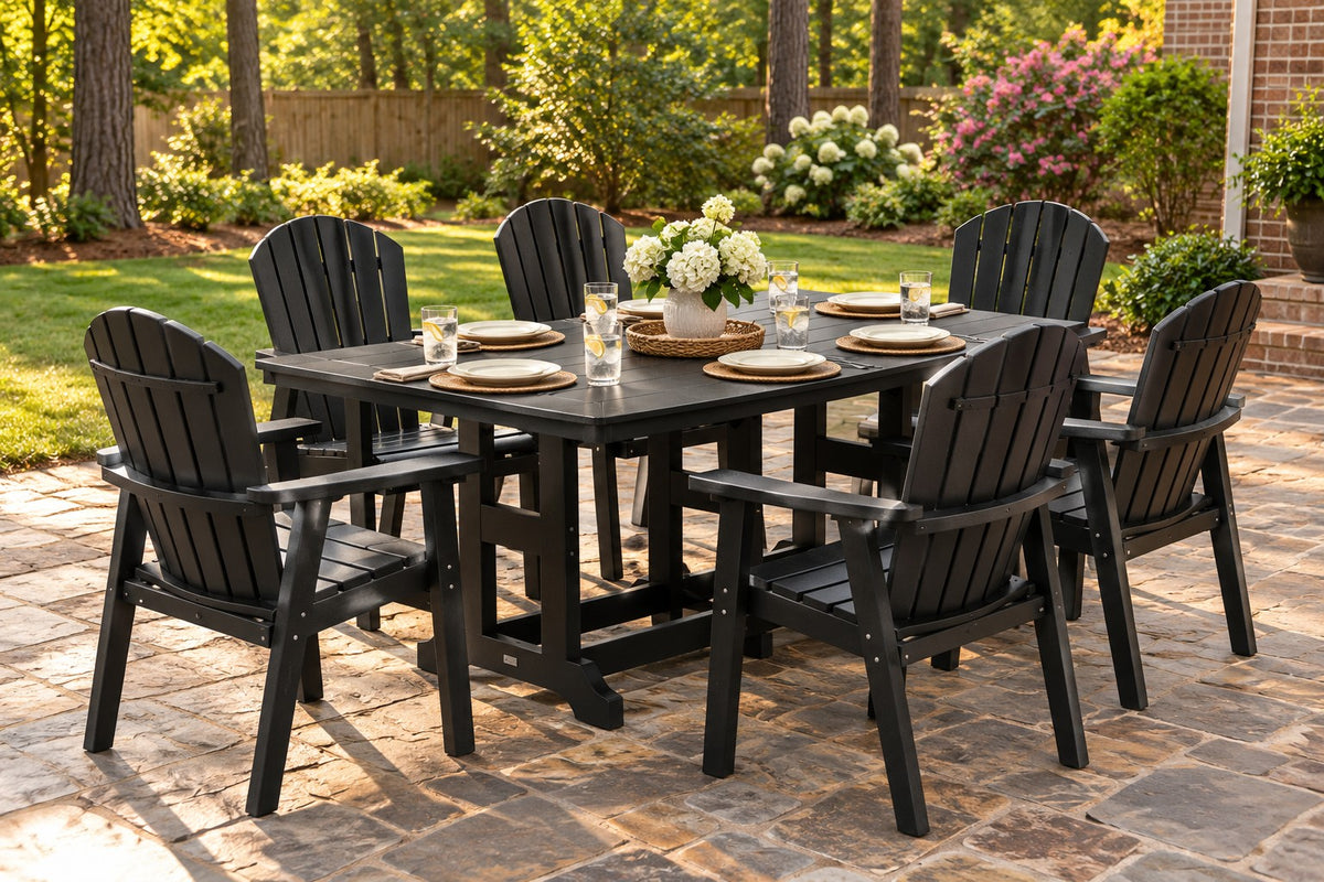 Berlin Gardens Comfo Back 44" x 72" Rectangular Dining Set for 6 on a backyard patio