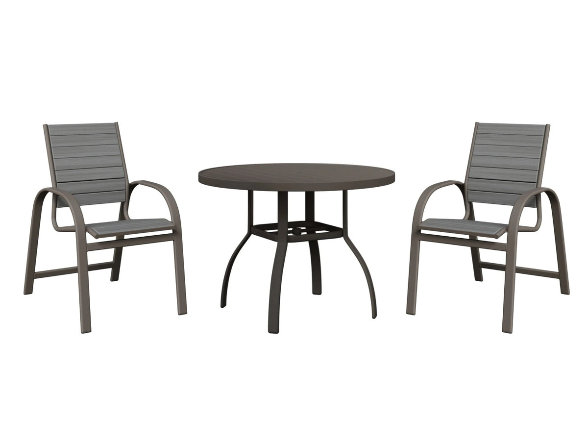 Berlin Gardens Murphy 42" Round Dining Set with 4 Poly Dining Chairs, shown in Graphite frame with Driftwood Gray slats