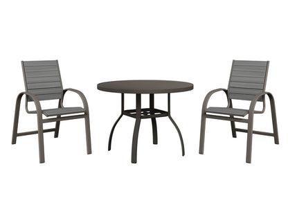 Berlin Gardens Murphy 42" Round Dining Set with 4 Poly Dining Chairs, shown in Graphite frame with Driftwood Gray slats