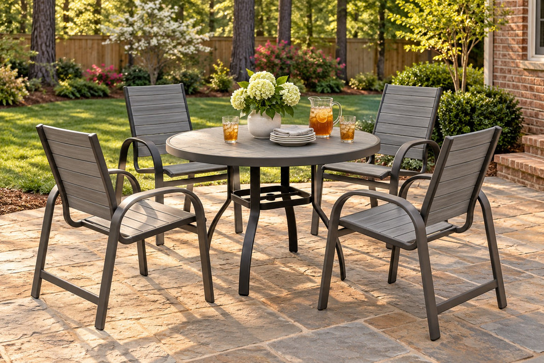 Berlin Gardens Murphy 42" Round Dining Set with 4 Poly Dining Chairs on a backyard patio