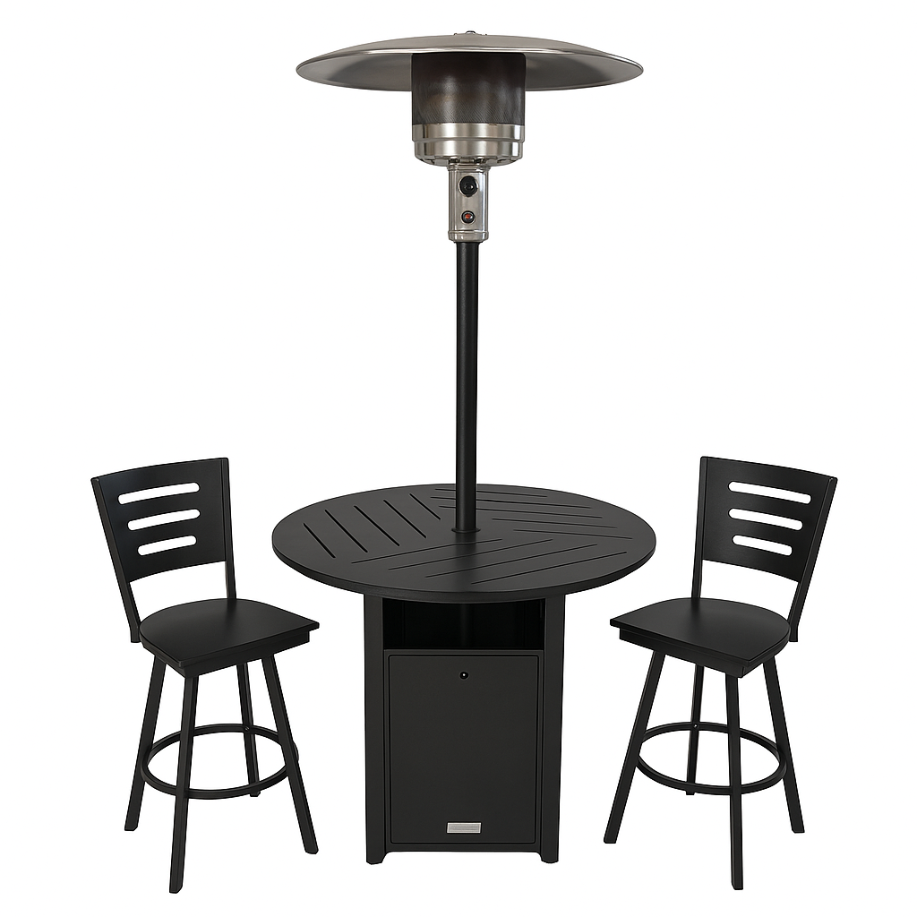 Telescope Casual Avant Heater Dining Set – Dash Table with Built-In Heater + 2 Avant Counter Chairs (Outdoor Patio Set)