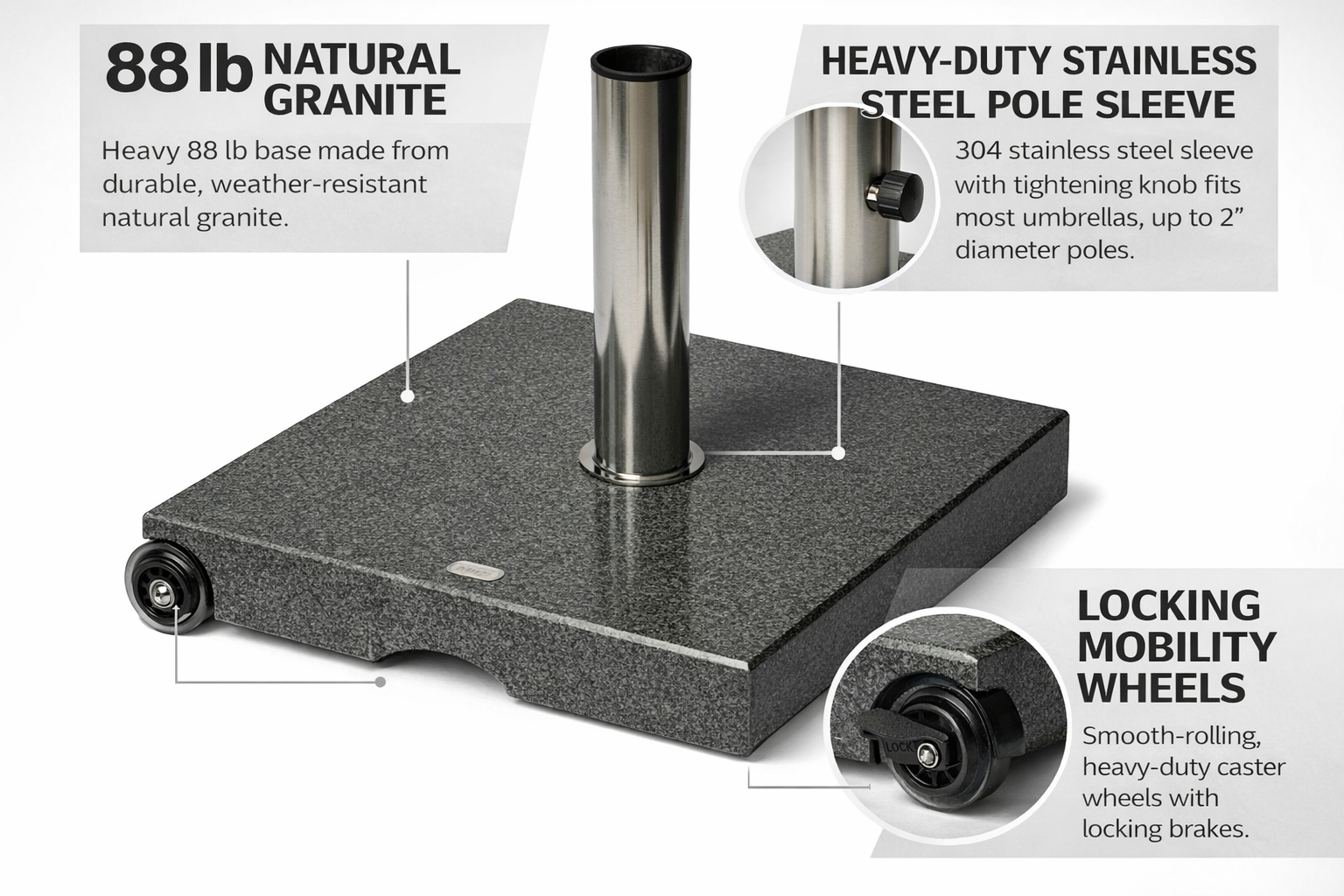 88 lb Granite Rolling Umbrella Base – Heavy-Duty Mobile Patio Stand with Locking Wheels