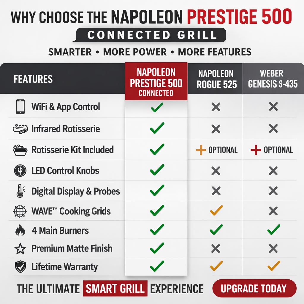 Comparison chart of Napoleon Prestige 500 Connected Grill features versus Rogue 525 and Weber Genesis S-435.