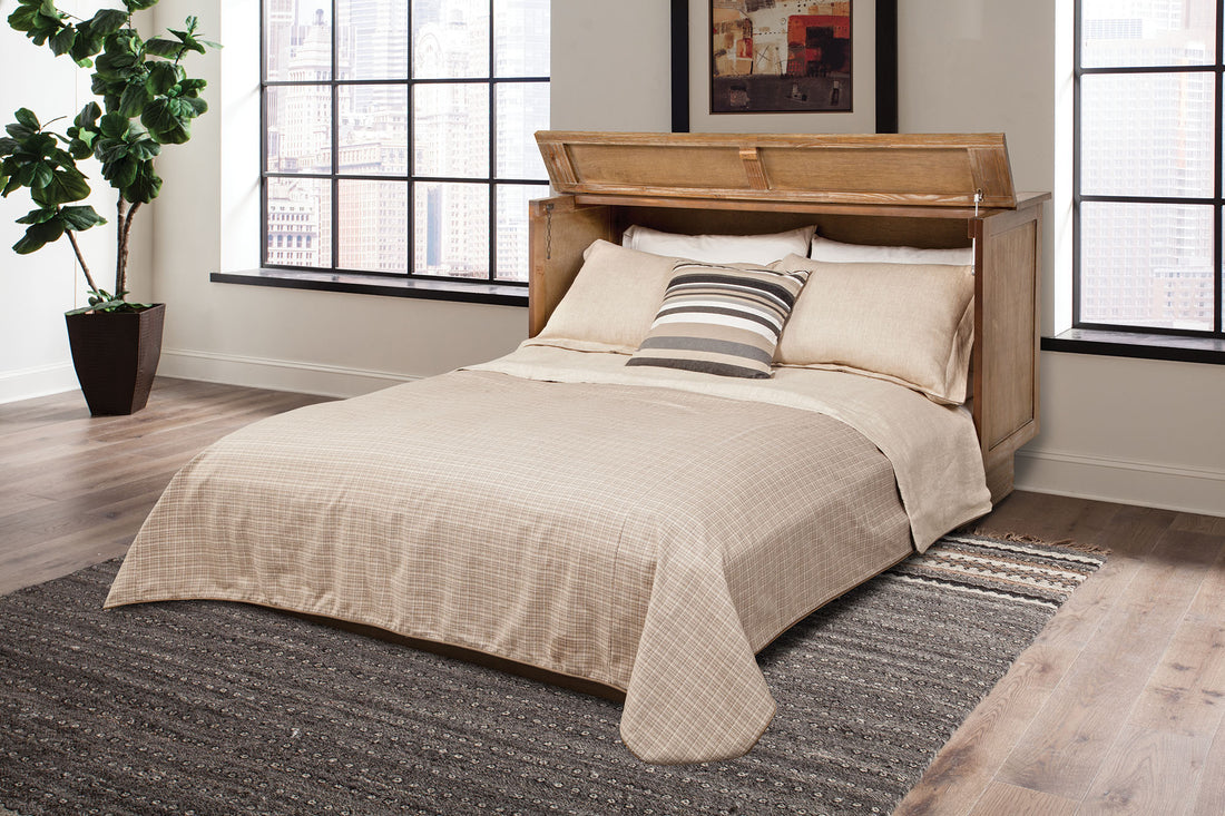 Essex Murphy Bed in Ash open as a queen bed
