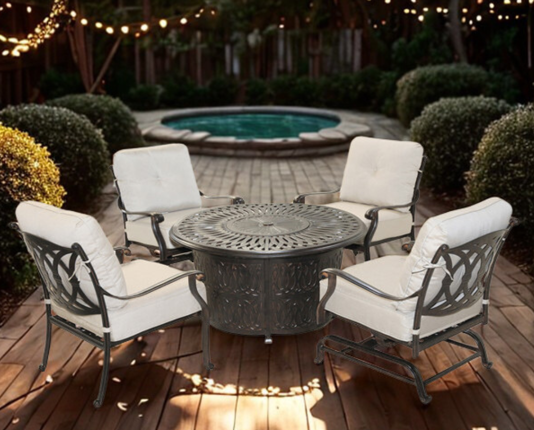 Salem 5-Piece Outdoor Fire Pit Set with 4 Club Chairs and Round Aluminum Fire Table