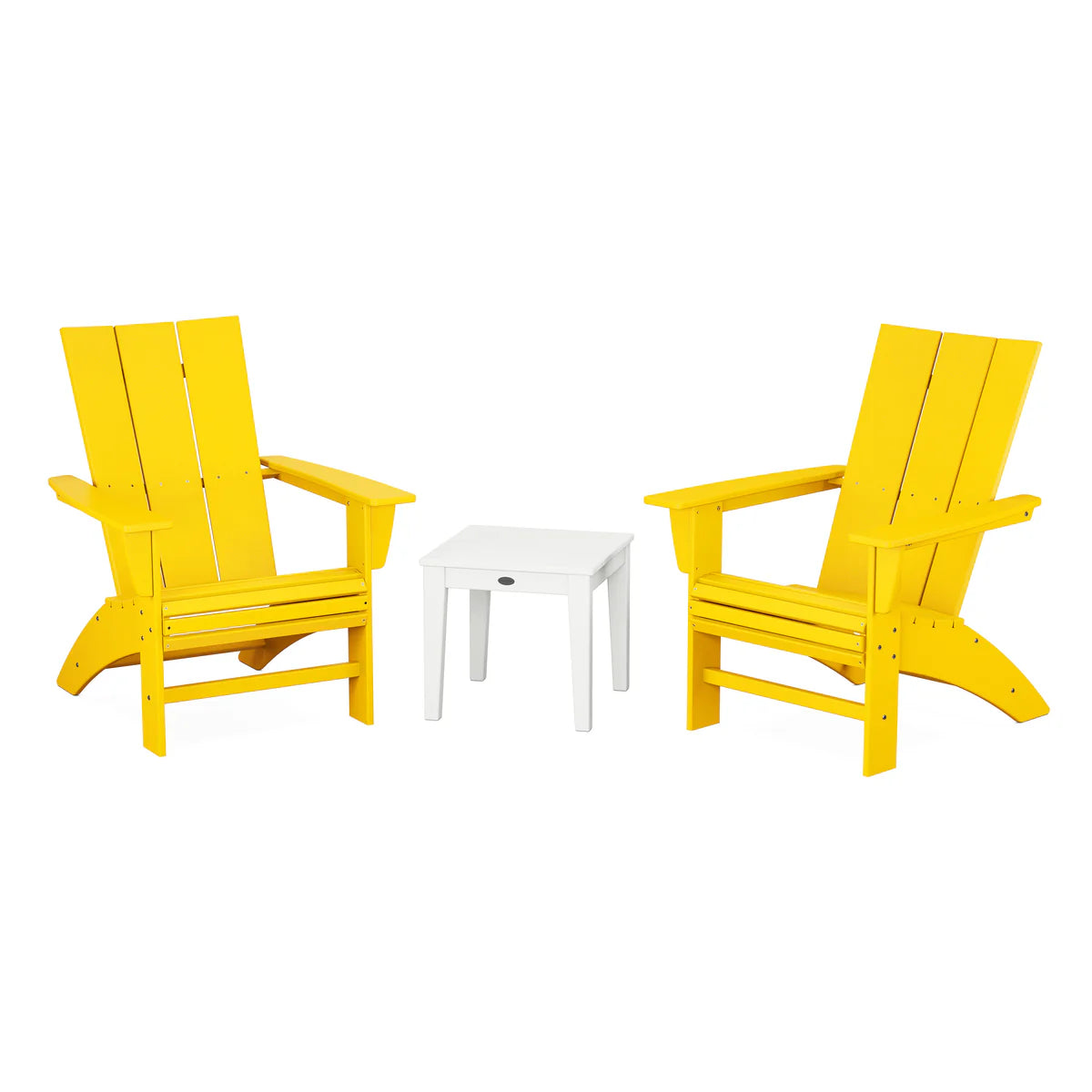 Two yellow Adirondack chairs and a small white table on a white background