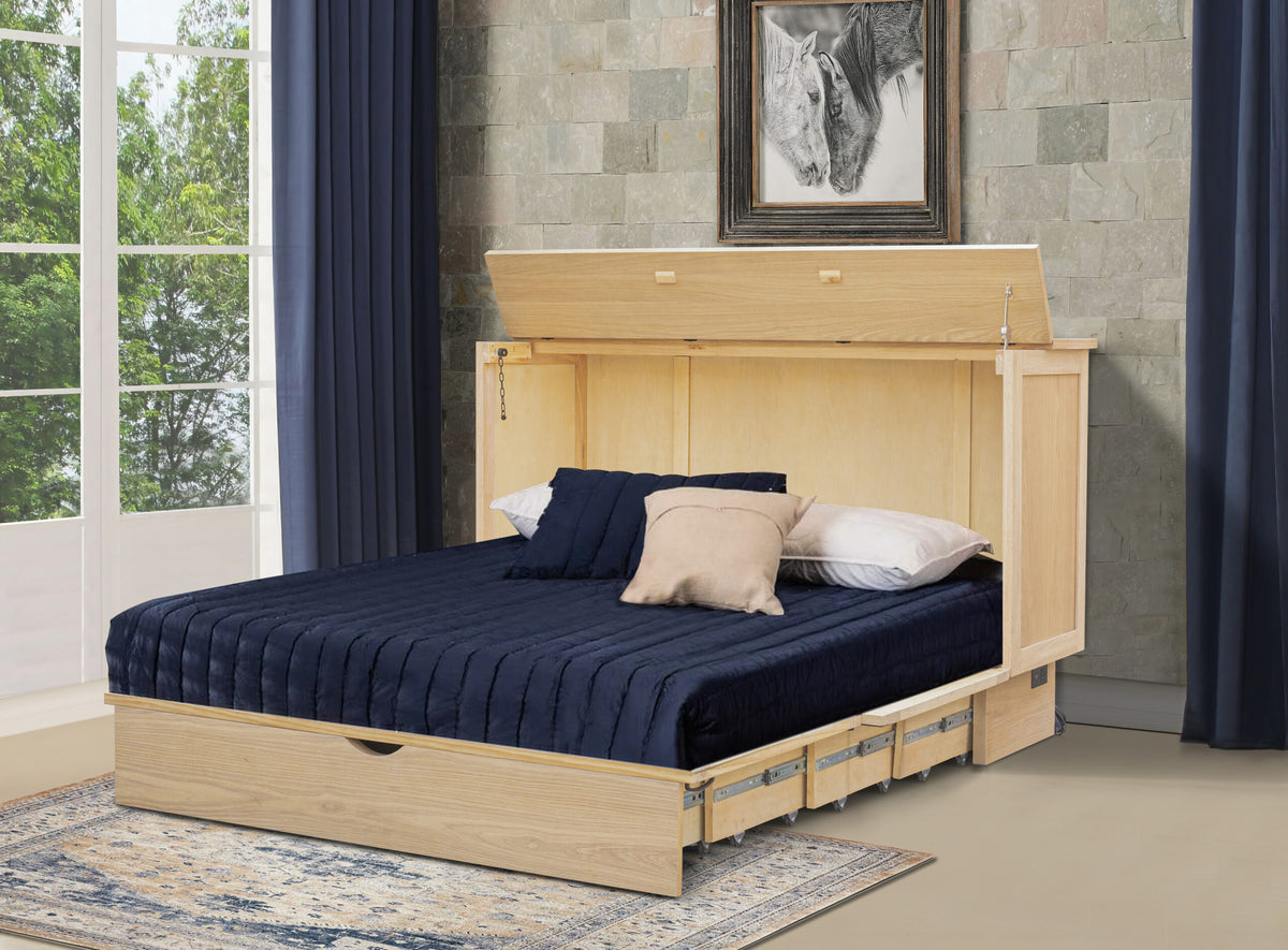 Bridger Murphy Bed in White Oak open as a queen bed