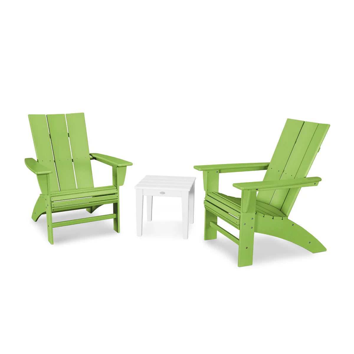 Two green Adirondack chairs with a white table on a white background