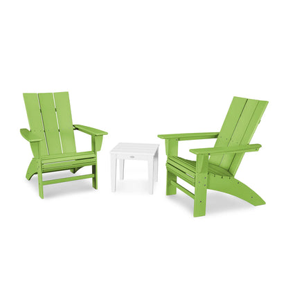 Two green Adirondack chairs with a white table on a white background