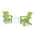 Two green Adirondack chairs with a white table on a white background