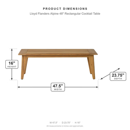 Lloyd Flanders Alpine 48" Rectangular Cocktail Table dimensions: 47.5 in W x 23.75 in D x 16 in H