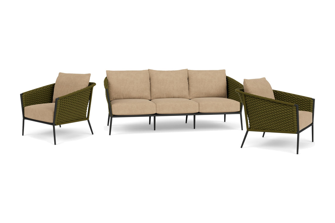 Lloyd Flanders Escape 3-Piece Living Room Set in Matte Charcoal with Hayden Sand fabric - all pieces shown